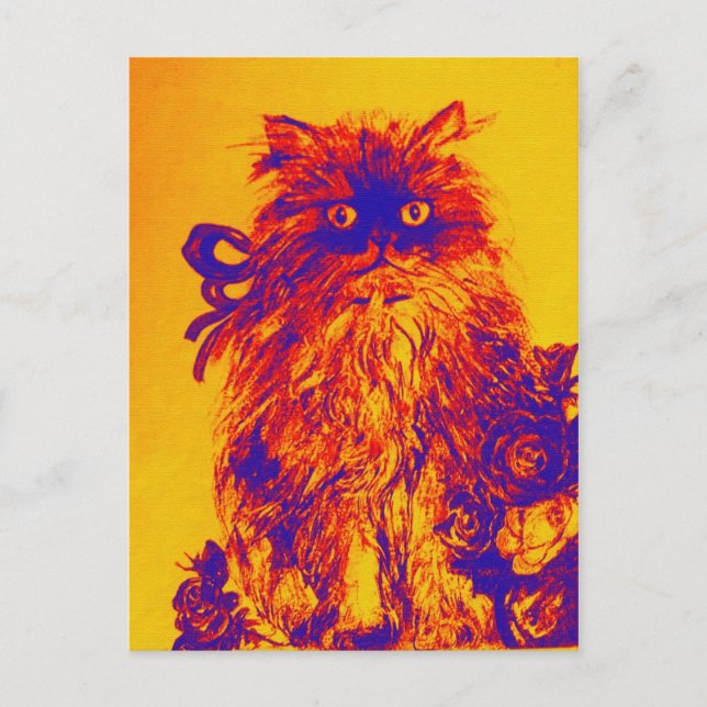 Postal KITTEN CON ROSAS, azul Naranja amarillo (Anverso)