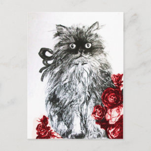 Postal KITTEN CON ROSAS ROJAS , negro y blanco