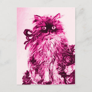 Postal KITTEN CON ROSAS, Rosa Fuchsia Blanca