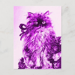 Postal KITTEN CON ROSAS, violeta púrpura y blanco