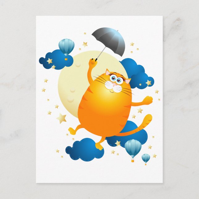 Postal Kitten lindo volando con paraguas