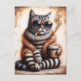 Postal Kitty Adorable con un café