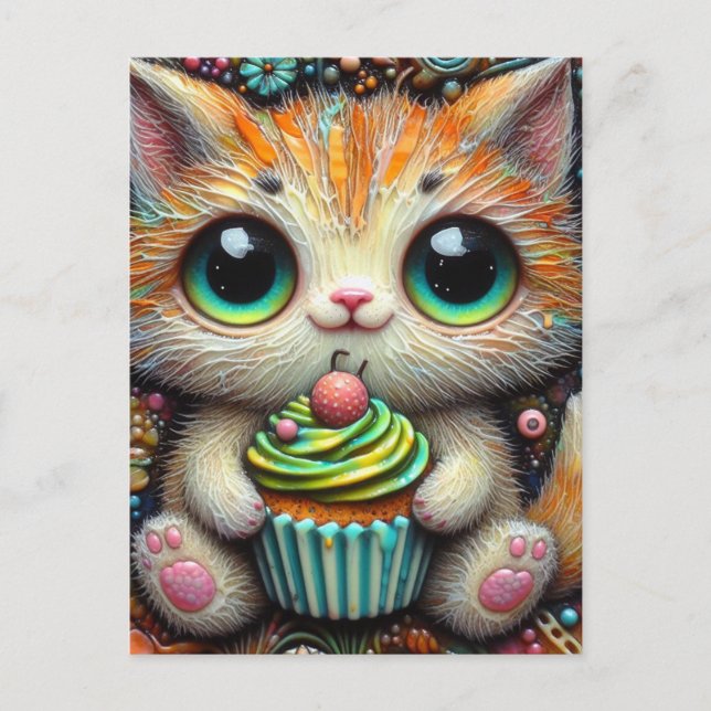 Postal Kitty Adorable con un pastel (Anverso)