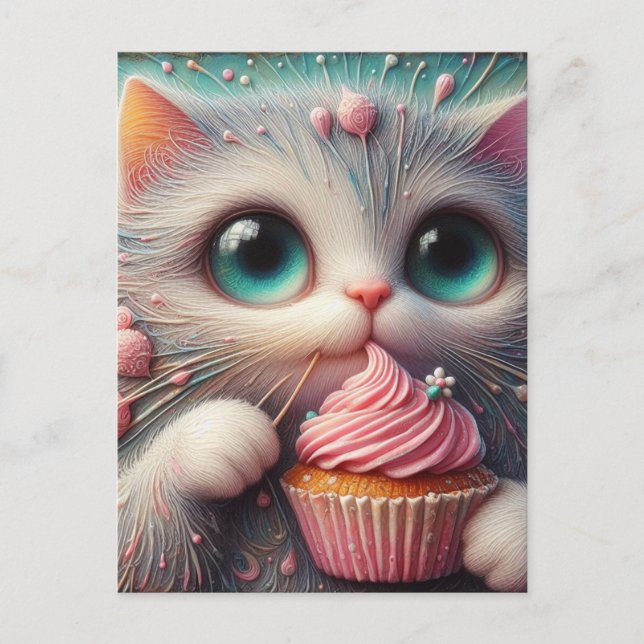 Postal Kitty Adorable con un pastel rosa (Anverso)