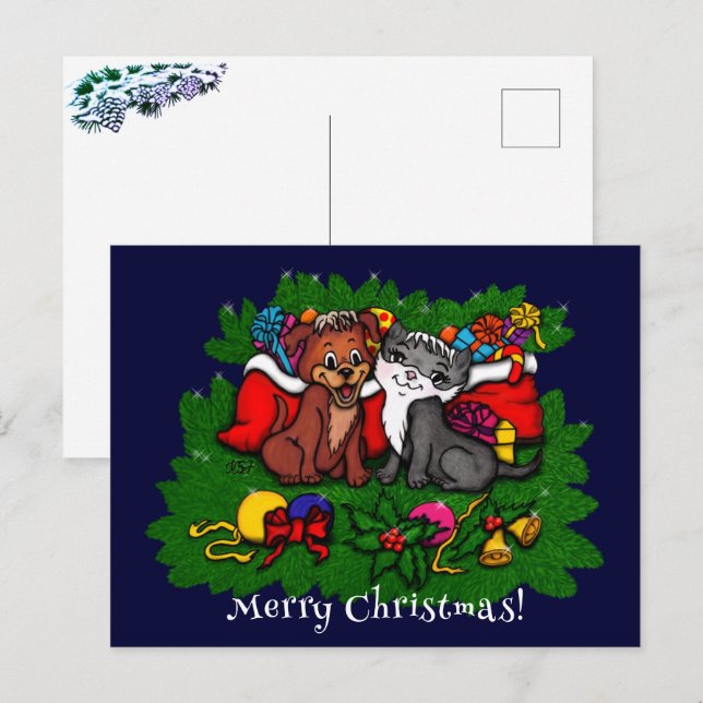 Postal Kitty and Puppy , Happy XMas (Anverso / Reverso)