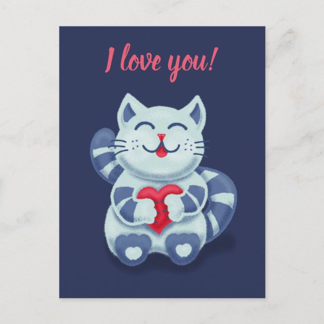 Postal Kitty con el corazón lindo gato azul te amo (Anverso)