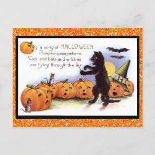 Postal Kitty de Halloween, Purpurinoso de Vintage de la C