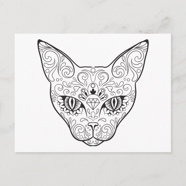Postal Kitty Face Sugar Skull | Día del gato muerto (Anverso)