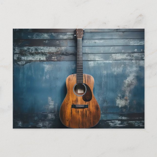 Postal Klassische Gitarre an blauer rustikaler Holzwand (Anverso)