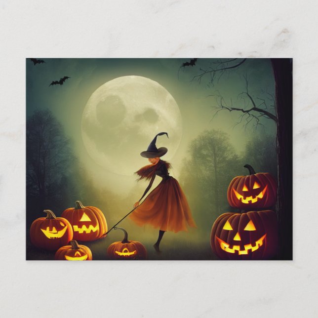 Postal Kleine Hexe tanzt zwischen Halloween Kürbissen (Anverso)