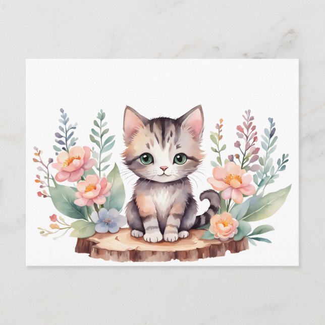 Postal Kleine Katze mit Blumen (Anverso)