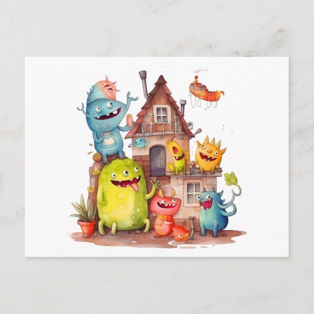 Postal Kleine Monster bauen ein Haus. Einweihungsparty. (Anverso)