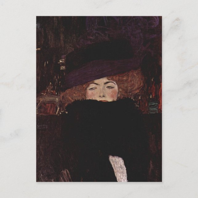 Postal Klimt, Gustav Dame mit Hut und Federboa 1909 Techn (Anverso)