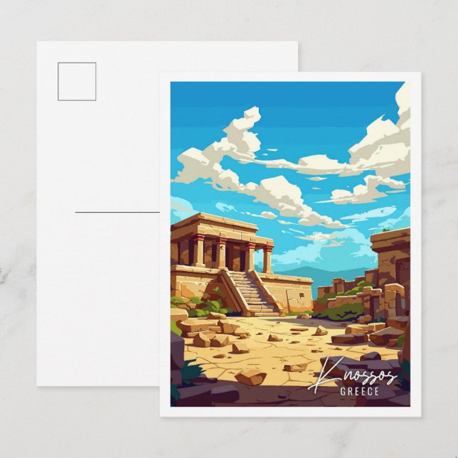 Postal Knossos Grecia ilustracion de viajes de arte (Anverso / Reverso)