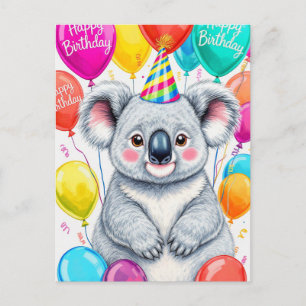 Postal Koala divertido de cumpleaños con globos sarcástic