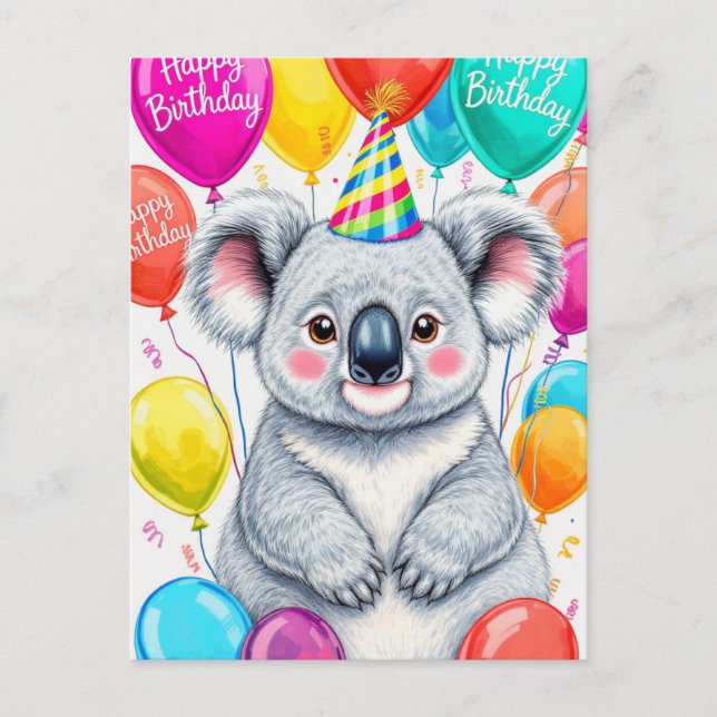 Postal Koala divertido de cumpleaños con globos sarcástic (Anverso)