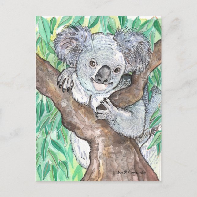 Postal Koala en pintura de árboles de eucalipto (Anverso)