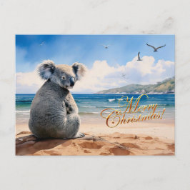 Postal Koala en una playa de arena Feliz Navidad