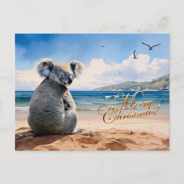 Postal Koala en una playa de arena Feliz Navidad (Anverso)