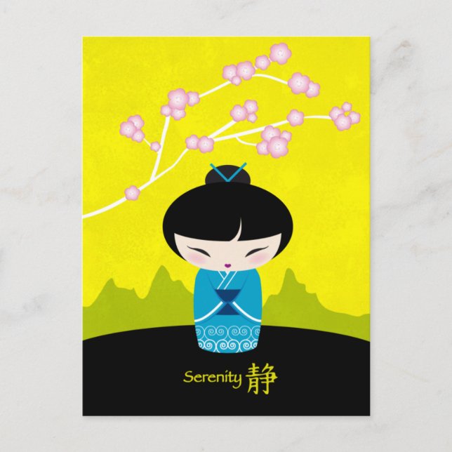 Postal kokeshi azul (Anverso)