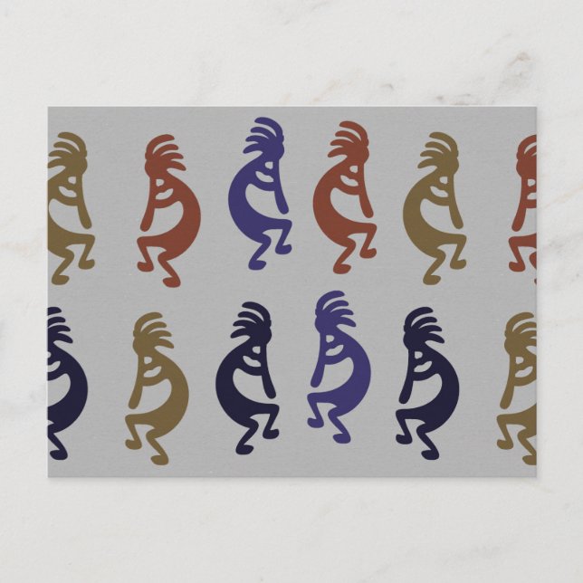 Postal Kokopelli Grupo de figuras de flauta jugando café  (Anverso)