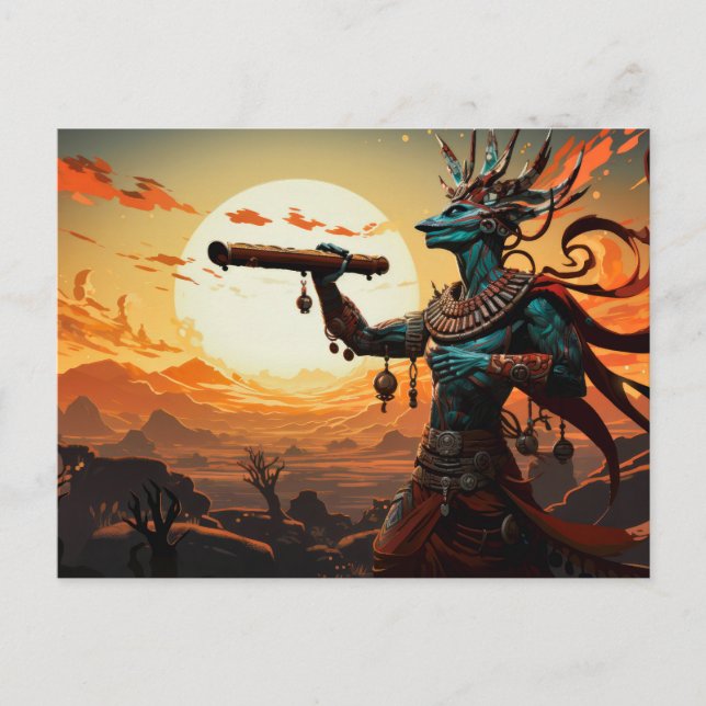 Postal Kokopelli jugando flauta en colinas rocosas del de (Anverso)