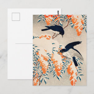 Postal Koson Nandina y Flycatchers en arte japonés de nie