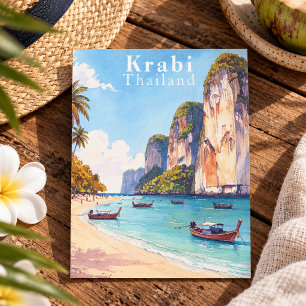 Postal Krabi Tailandia Acantilados y Barcos de Cola Larga