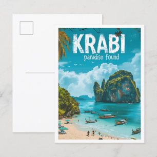 Postal Krabi Tailandia Ilustracion de viajes de arte vint