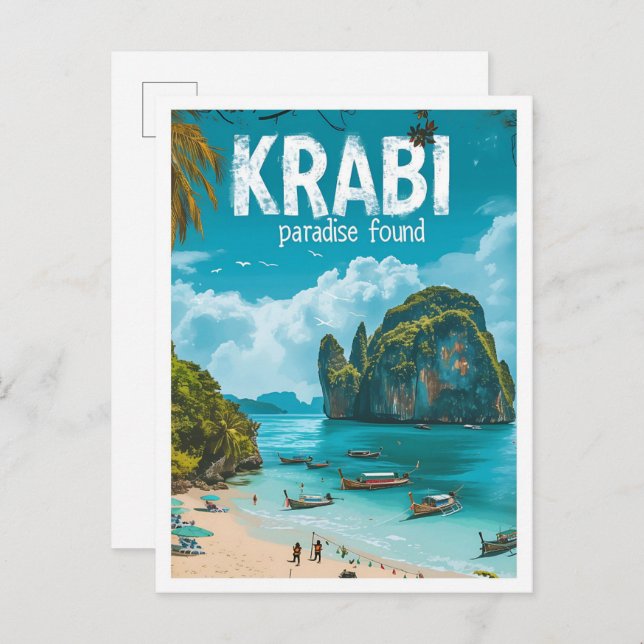Postal Krabi Tailandia Ilustracion de viajes de arte vint (Anverso / Reverso)