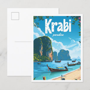 Postal Krabi Tailandia Ilustracion de viajes de arte vint