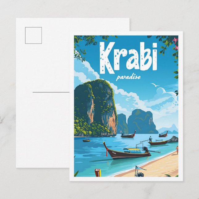 Postal Krabi Tailandia Ilustracion de viajes de arte vint (Anverso / Reverso)