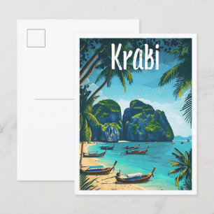 Postal Krabi Tailandia Ilustracion de viajes de arte vint