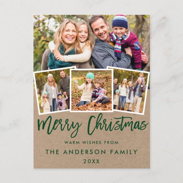 Postal Kraft Green Brush Script Merry Christmas 4 Photo (Anverso)