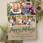 Postal Kraft Green Brussel Script Happy Holidays 4 Photo<br><div class="desc">Kraft Green Brush Script Happy Holidays Postcard - 4 Fotos</div>