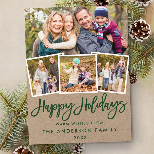 Postal Kraft Green Brussel Script Happy Holidays 4 Photo (Customize to change your personalized text size or text style.)