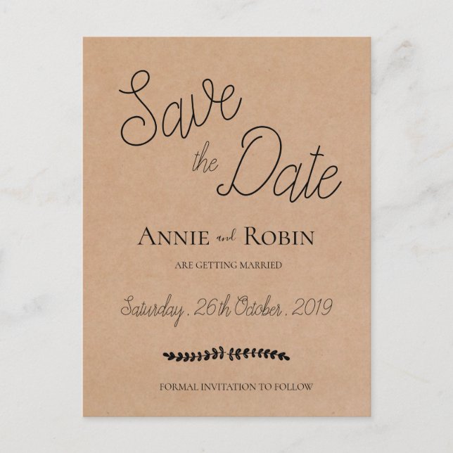 Postal Kraft Paper Personalizado Script Wedding Guardar l (Anverso)