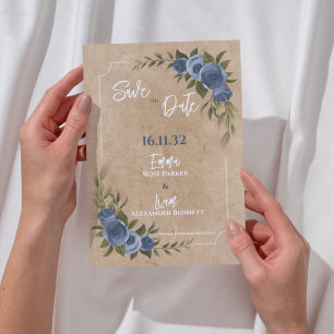 Postal Kraft Rustic Blue Floral Wedding Salva la fecha