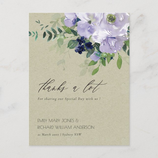 Postal Kraft Violet Purple Floral Leafy Boda Gracias (Anverso)
