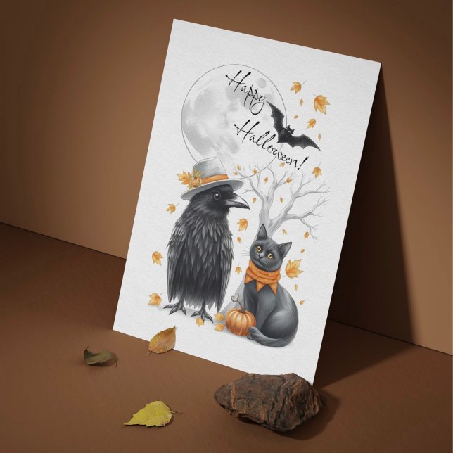 Postal Krähe & Katze Herbst Halloween Karte Postkarte (Subido por el creador)