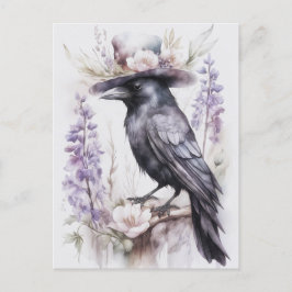 Postal Krähe Rabe Crow mit Hut und Blumen Watercolor