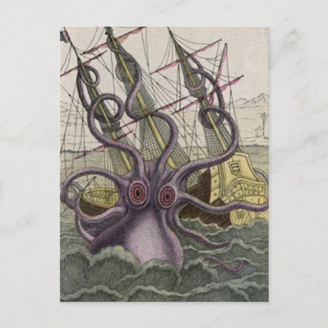 Postal Kraken/Octopus comiendo un barco pirata, color (Anverso)