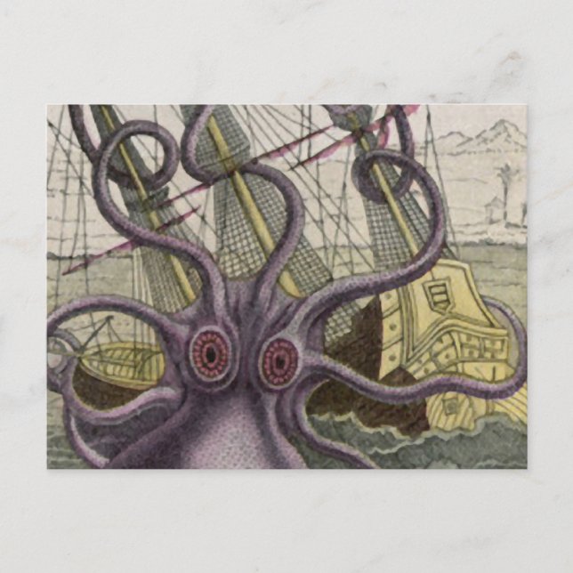 Postal Kraken/Octopus comiendo un barco pirata, color (Anverso)