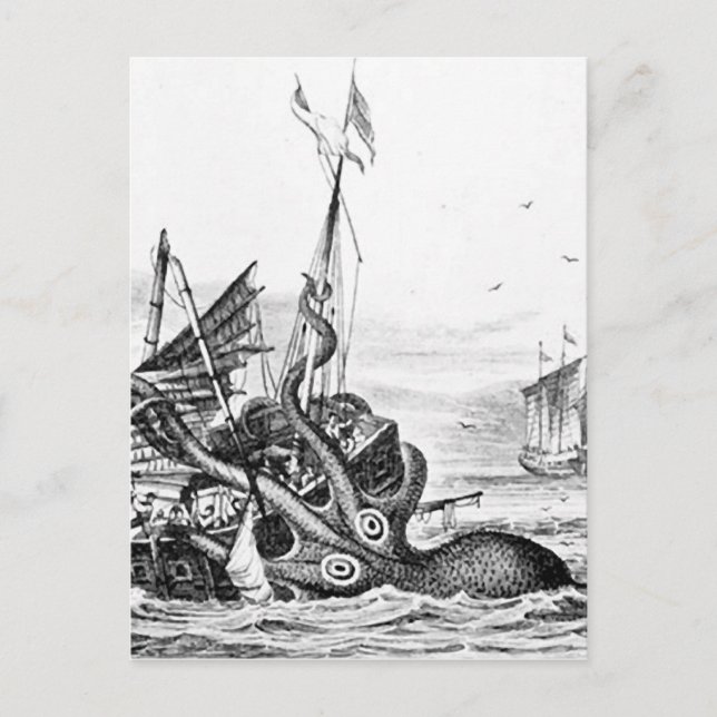 Postal Kraken/Octopus comiendo un barco pirata, negro/bla (Anverso)