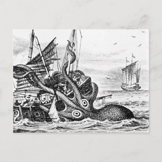 Postal Kraken/Octopus comiendo un barco pirata, negro/bla (Anverso)