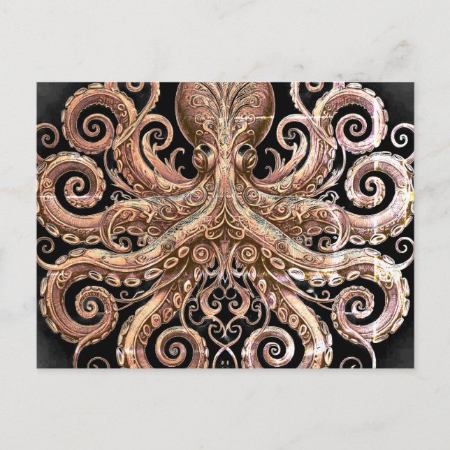 Postal Kraken Steampunk Octopus Ornate Gold Black (Anverso)