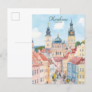 Postal Krakow Polonia Gouache Paint Ilustracion Viaje