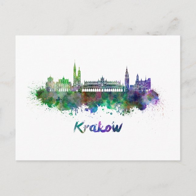Postal Krakow skyline in watercolor (Anverso)