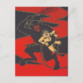 Postal Krampus castigando a un niño con una vara