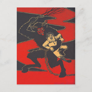 Postal Krampus castigando a un niño con una vara